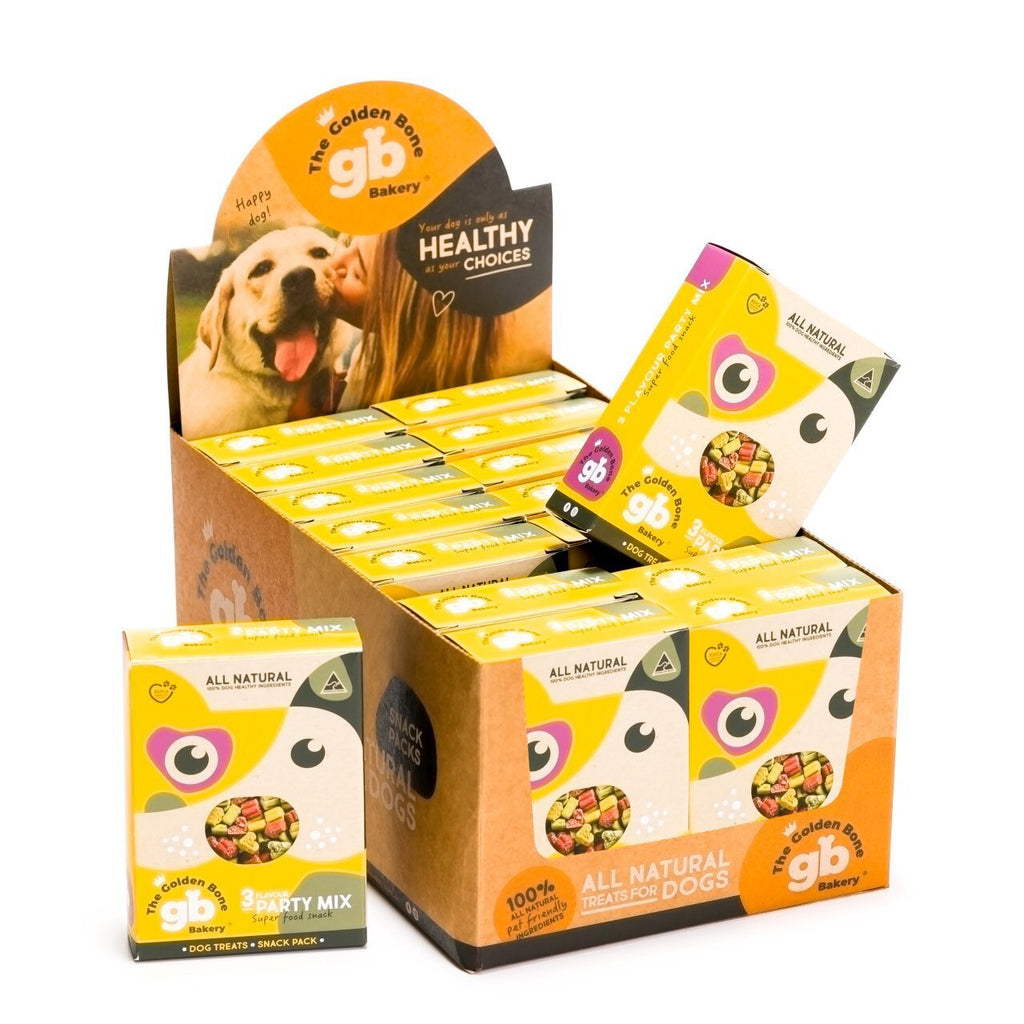 Golden Bone Bakery POS Display - 3 Flavour Party Mix Dog Treats - 16 Packs x 40g