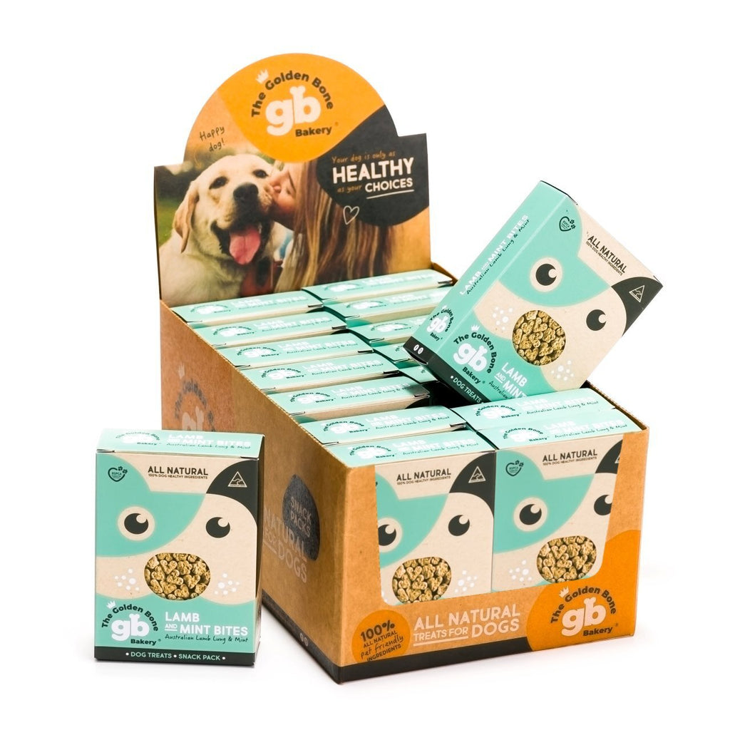 Golden Bone bakery POS Display - Lamb & Mint Bites Dog Treats - 16 Pack x 40g 