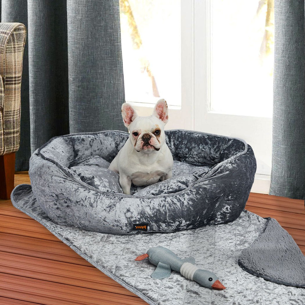 PaWz Pet Bed Set Dog Cat Quilted Blanket Squeaky Toy Calming Warm Soft Nest Grey L