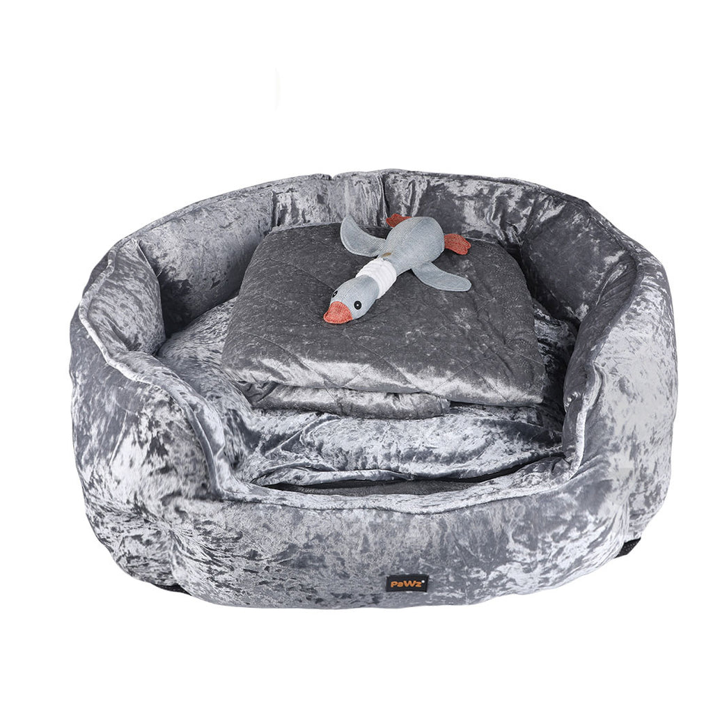 PaWz Pet Bed Set with Quilted Blanket & Squeaky Toy - Grey - XL