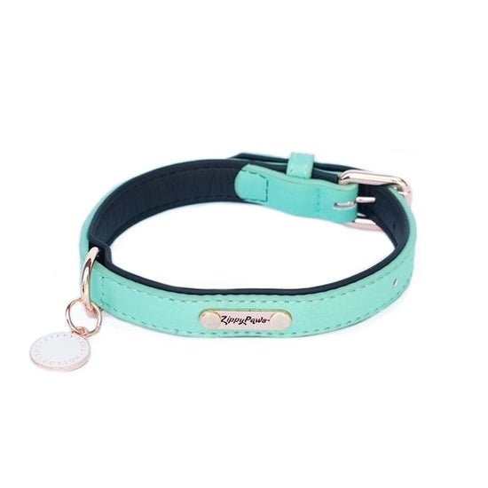 Zippy Paws Leather Dog Collar with Rose Gold Buckle - Teal - Large