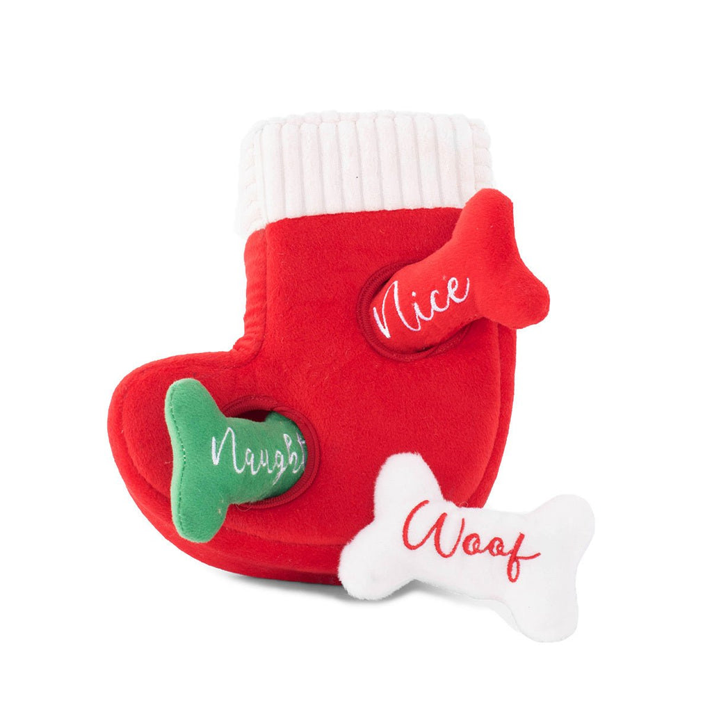 Zippy Paws Interactive Dog Toy - Holiday Burrow - Naughty or Nice Stocking