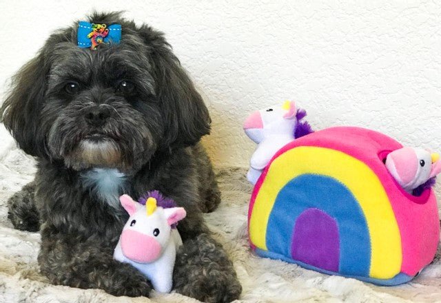 Zippy Paws Interactive Burrow Plush Dog Toy - Unicorns in a Rainbow